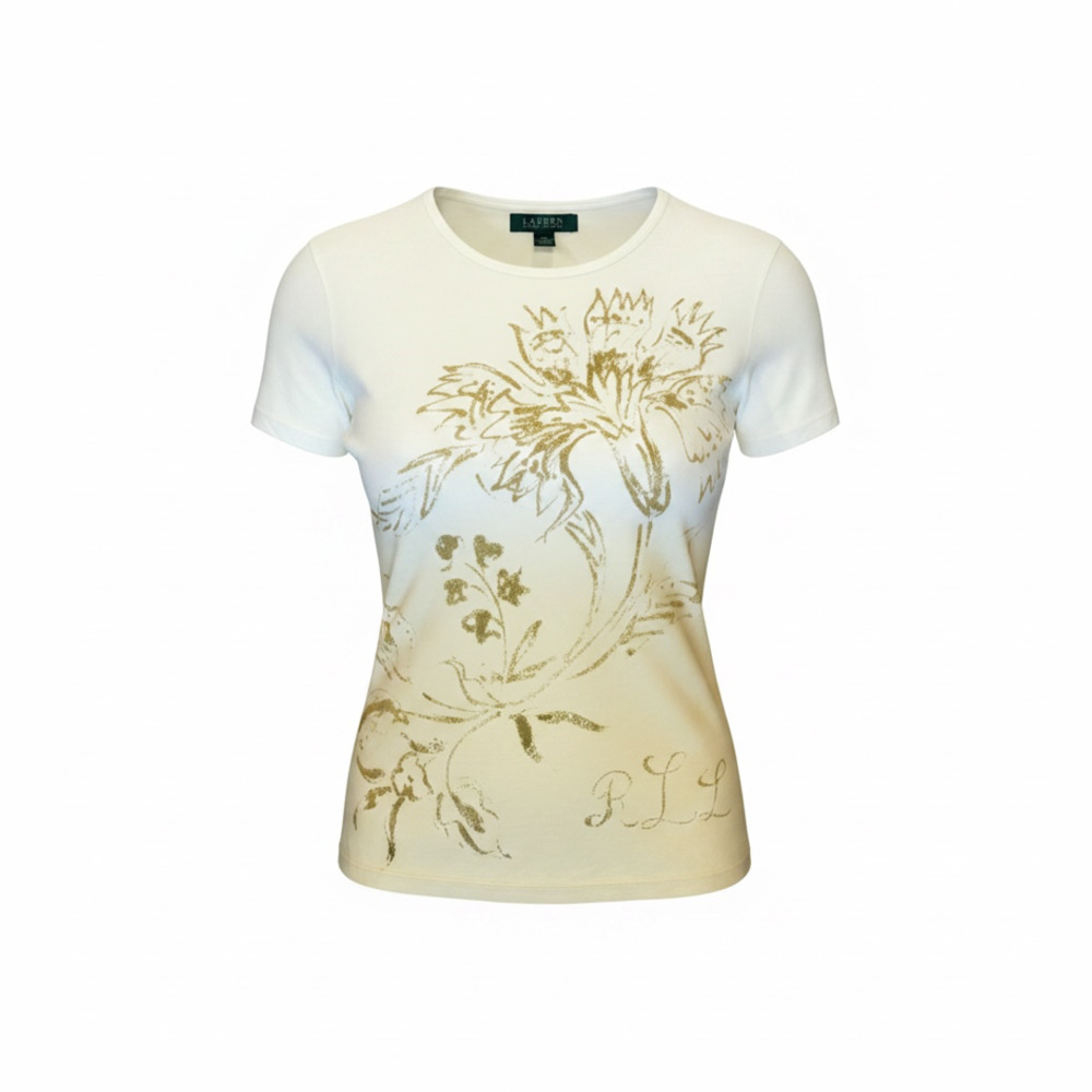 Ralph Lauren White and Gold Floral Graphic Short Sleeve T-Shirt